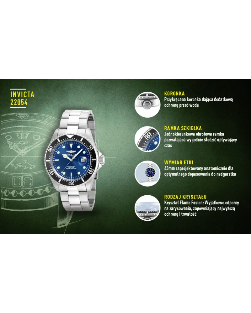 ZEGAREK MĘSKI INVICTA PRO DIVER 22054 - WODOSZCZLNOŚĆ 200m, koperta 43mm ZEGAREK MĘSKI INVICTA PRO DIVER 22054 - WODOSZCZLNOŚĆ 200m, koperta 43mm