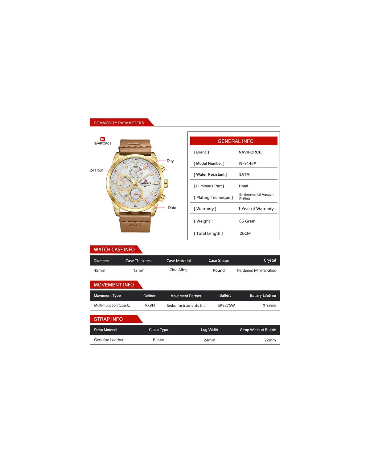 ZEGAREK MĘSKI NAVIFORCE - NF9148 (zn085b) gold + BOX ZEGAREK MĘSKI NAVIFORCE - NF9148 (zn085b) gold + BOX