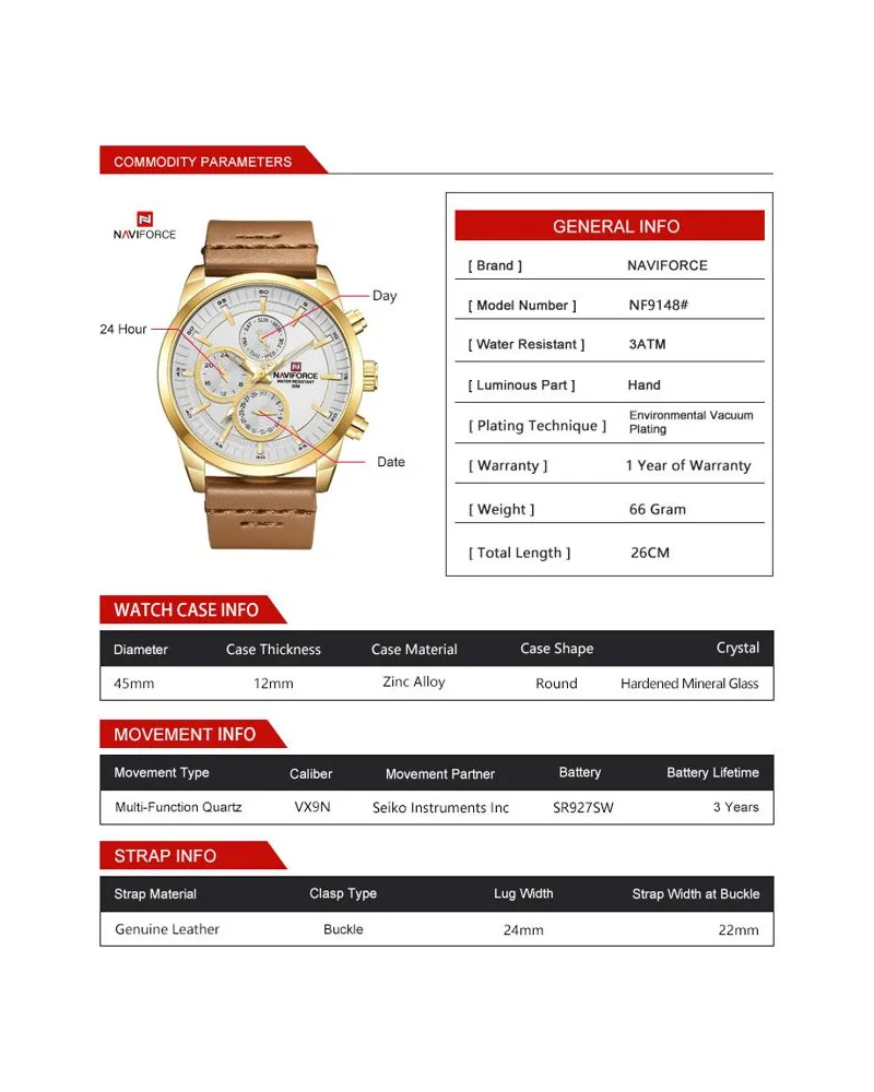 ZEGAREK MĘSKI NAVIFORCE - NF9148 (zn085b) gold + BOX ZEGAREK MĘSKI NAVIFORCE - NF9148 (zn085b) gold + BOX