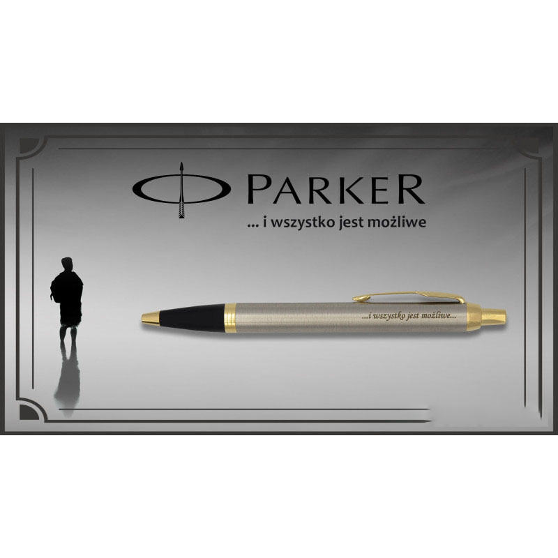 Długopis Parker IM Brushed Metal GT z grawerem „...i wszystko jest możliwe” na tle grafiki z logo Parker.