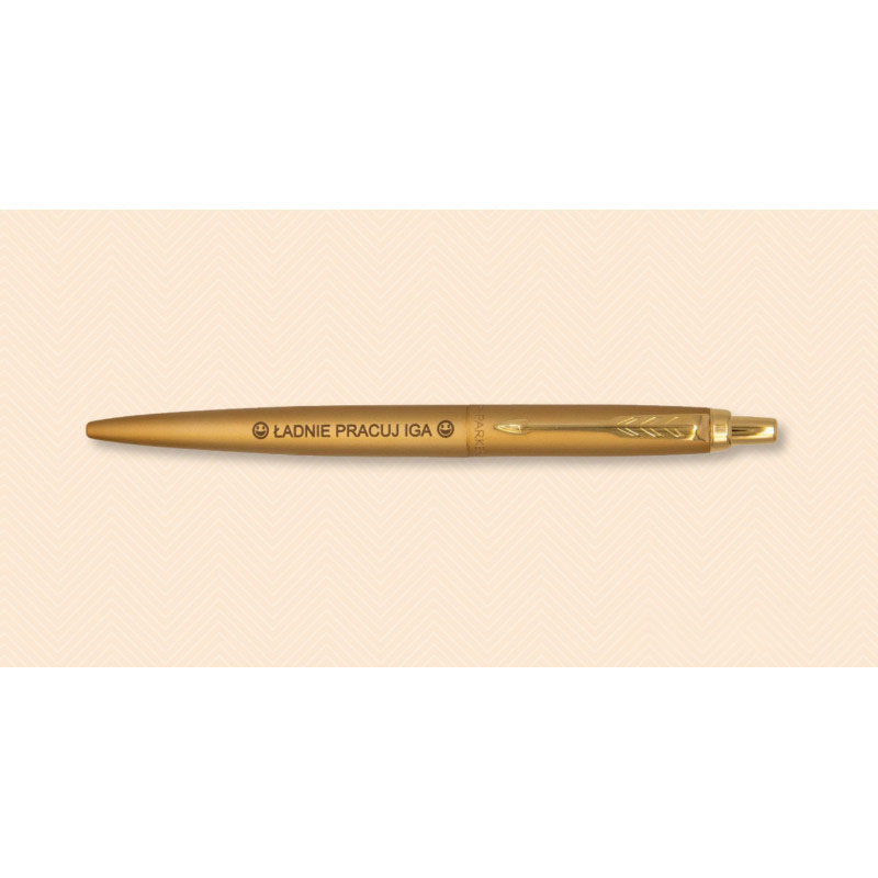 Złoty długopis Parker Jotter XL Monochrome Gold z personalizowanym grawerem „Ładnie pracuj Iga” – elegancki prezent premium