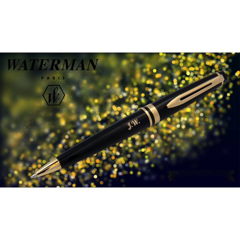 Długopis Waterman Expert Czarny GT z grawerem „J.W.” na tle złotych świateł