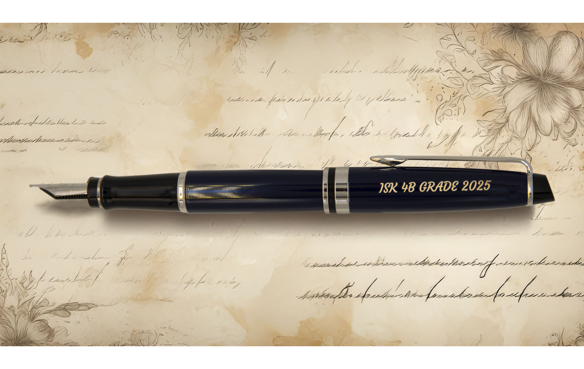 Pióro wieczne Waterman Expert Blue Core CT [2214207] w granatowym wykończeniu z chromowanymi detalami, z grawerem „ISK 4B GRADE 2025” na korpusie, zaprezentowane na tle ozdobnego pergaminu z kwiatowym motywem.